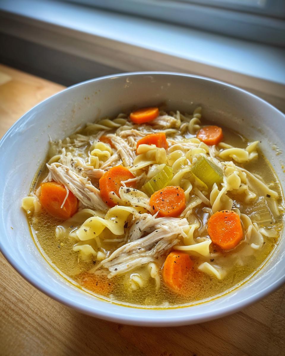 Close-up of a white bowl filled with hot slow cooker chicken noodle soup, featuring shredded chicken, egg noodles, carrots, and celery.