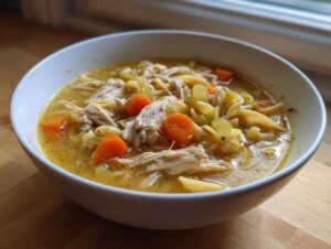 A close-up of a white bowl filled with steaming slow cooker chicken noodle soup, featuring shredded chicken, carrots, and egg noodles.