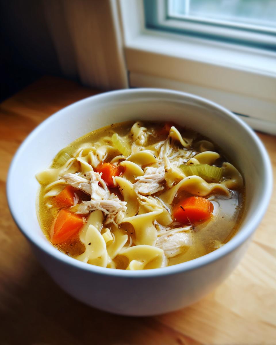 A close-up of a white bowl filled with hot slow cooker chicken noodle soup, featuring egg noodles, shredded chicken, carrots, and celery.