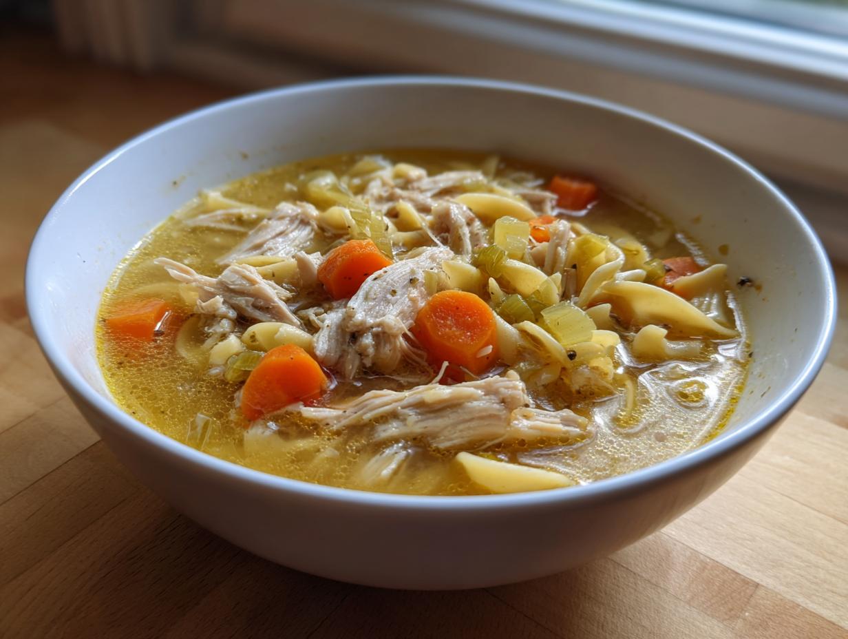 A close-up of a white bowl filled with steaming slow cooker chicken noodle soup, featuring shredded chicken, carrots, and egg noodles.