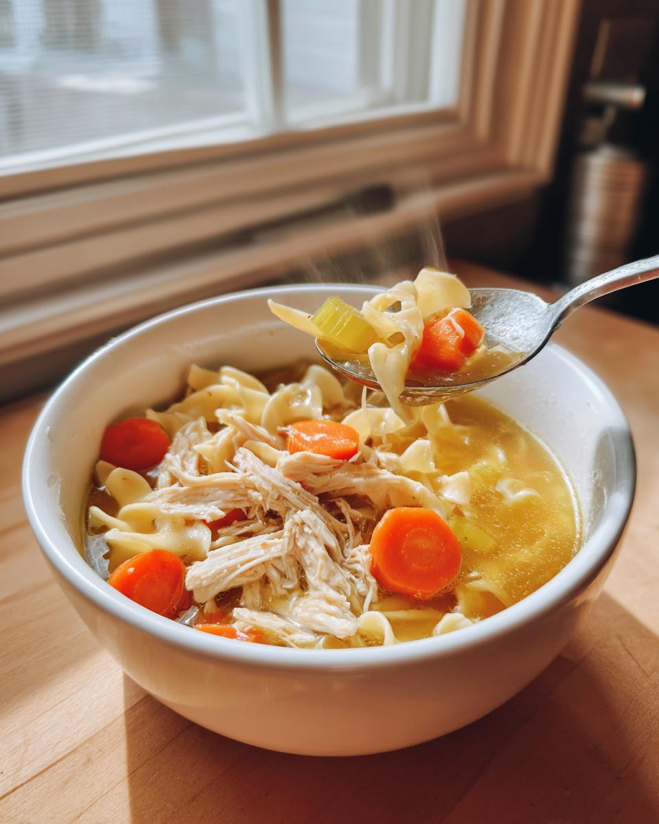 A spoonful of steaming slow cooker chicken noodle soup lifted from a white bowl, showing shredded chicken, egg noodles, carrots, and celery.