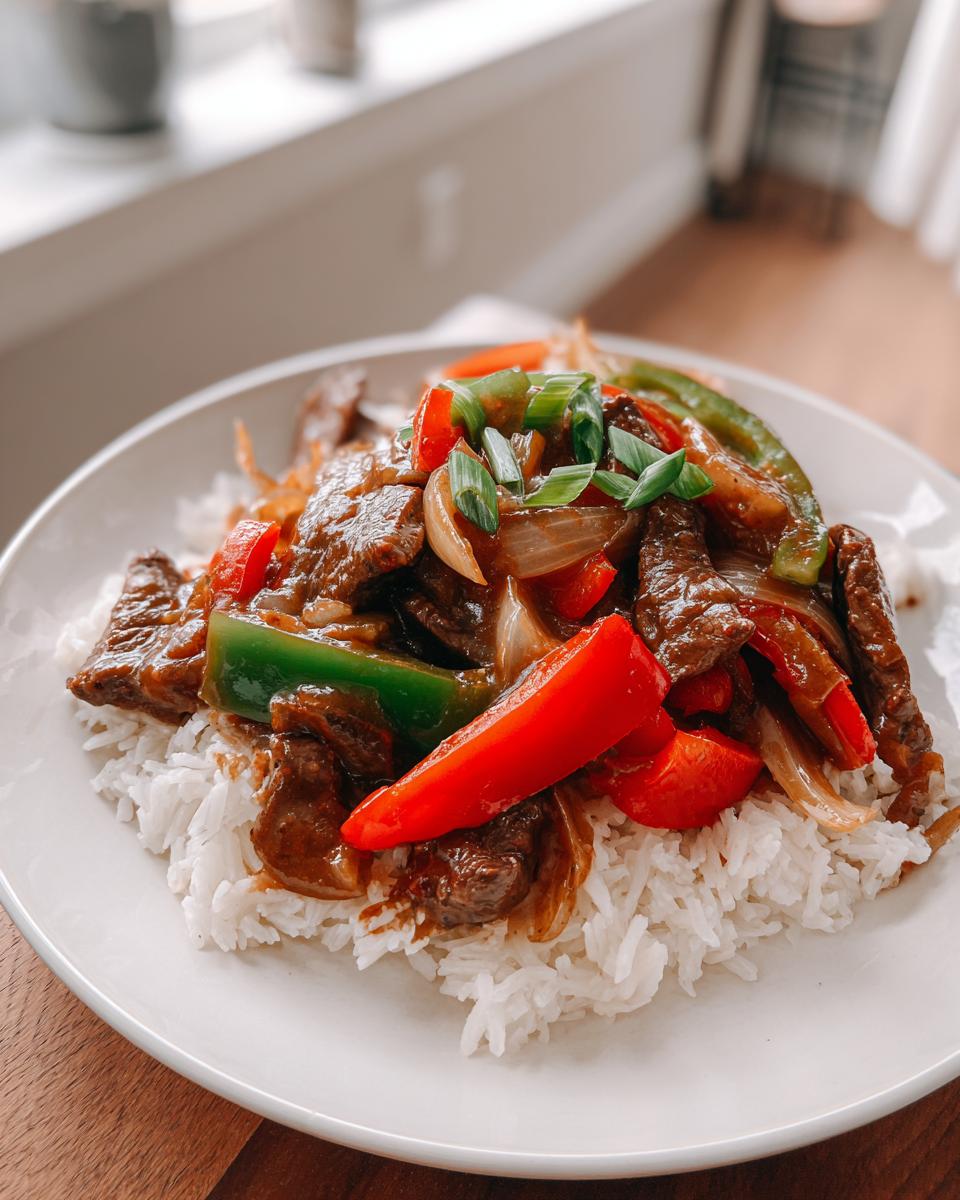 A white bowl filled with white rice topped with saucy slow cooker pepper steak, featuring red and green peppers and onions.