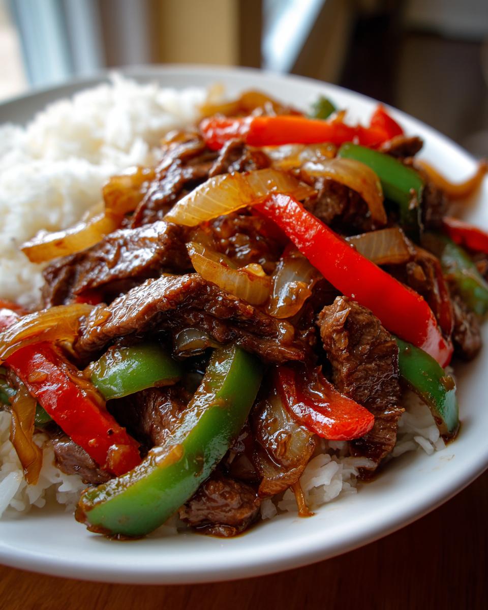 Close-up of a plate featuring saucy slow cooker pepper steak mixed with red and green bell peppers and onions, served over fluffy white rice.