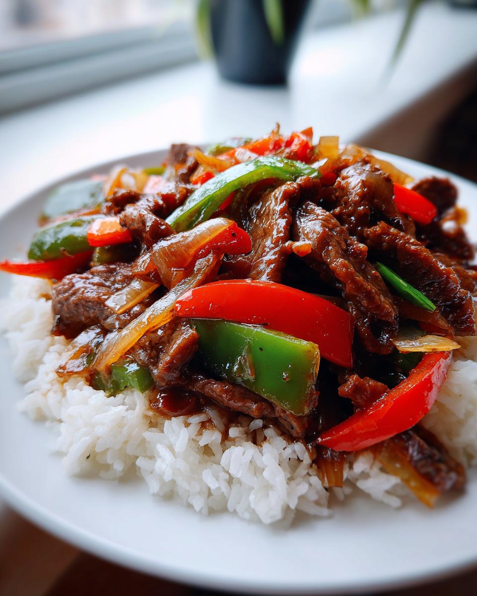 Close-up of slow cooker pepper steak with colorful bell peppers and onions served over white rice on a plate.
