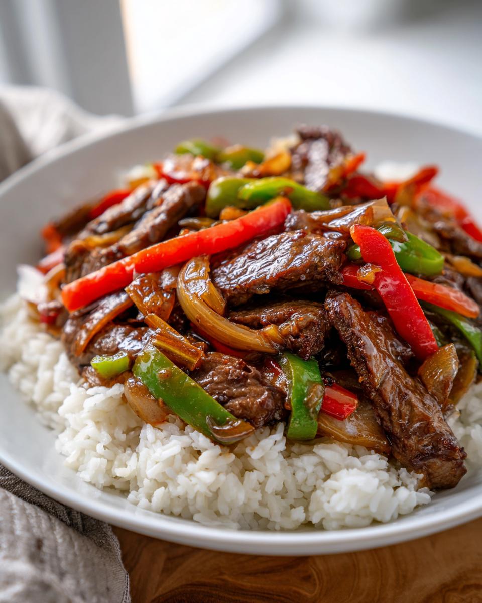 A close-up of tender beef strips, red and green peppers, and onions served over a bed of white rice, showcasing the slow cooker pepper steak.