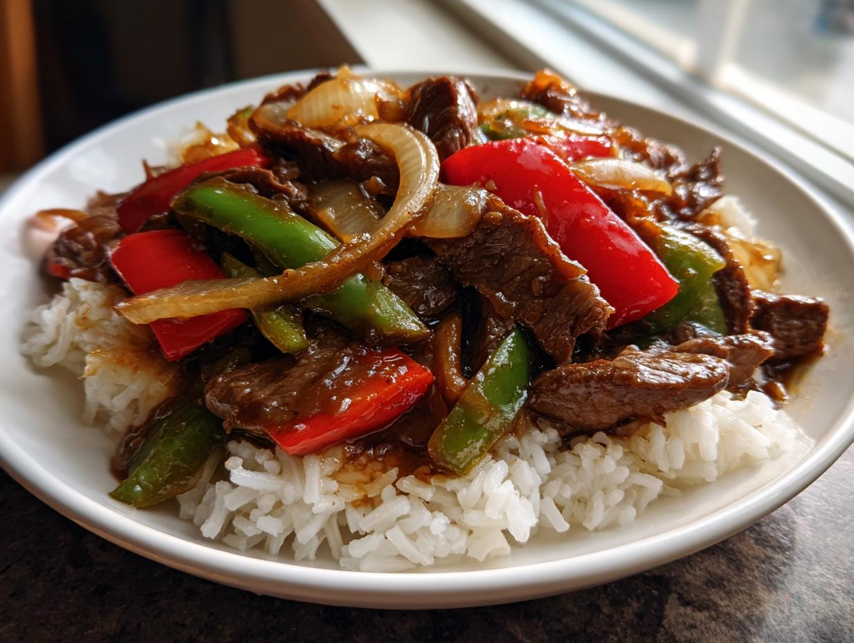 A close-up of slow cooker pepper steak served over a bed of white rice on a white plate.