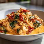Close-up of shredded slow cooker Tuscan chicken mixed with spinach and sun-dried tomatoes in a creamy sauce.