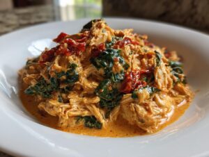 A close-up of shredded slow cooker Tuscan chicken mixed with spinach and sun-dried tomatoes in a creamy sauce.