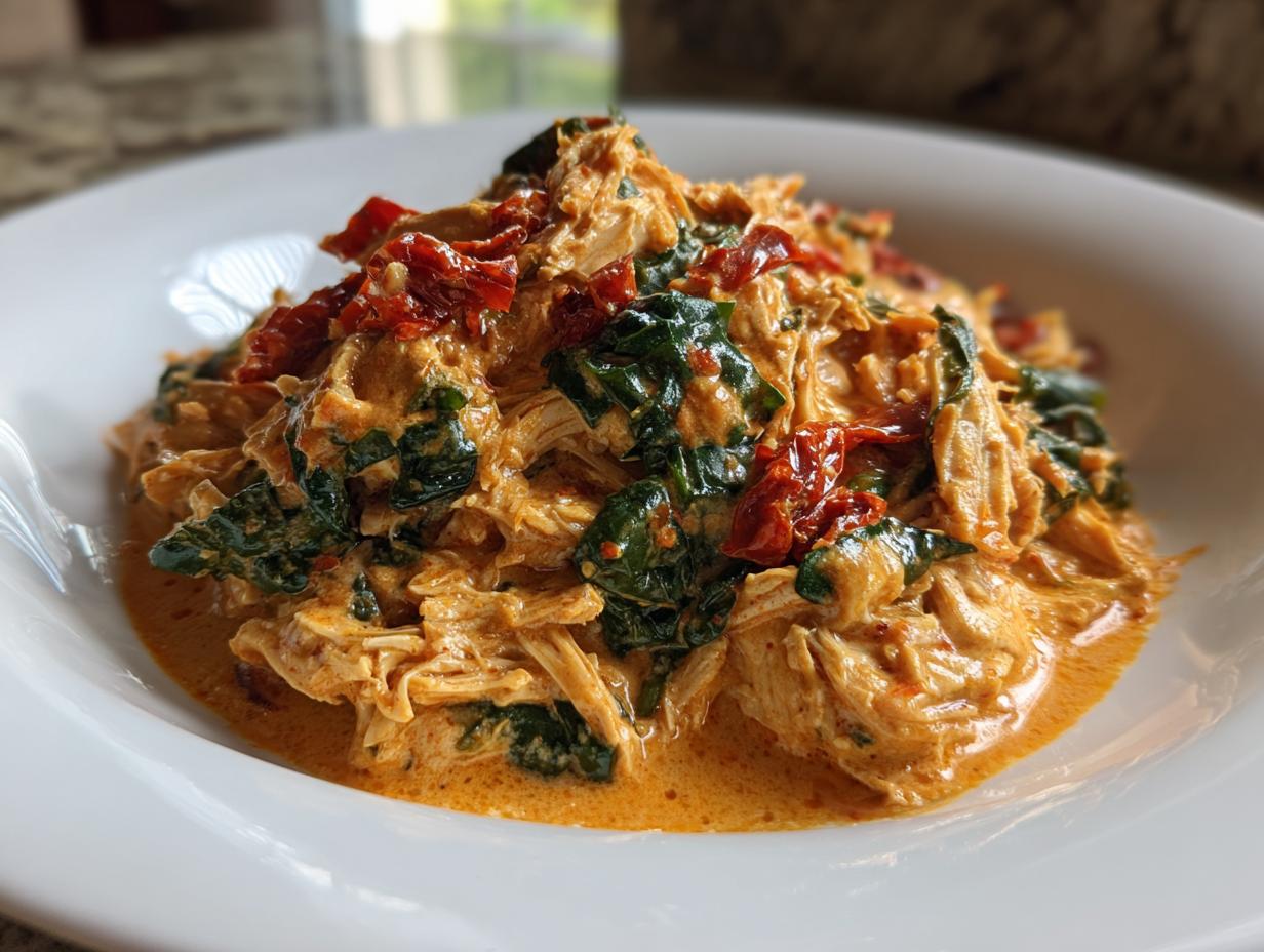 A close-up of shredded slow cooker Tuscan chicken mixed with spinach and sun-dried tomatoes in a creamy sauce.