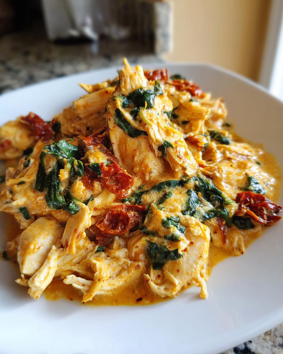 A close-up of shredded slow cooker Tuscan chicken mixed with creamy sauce, spinach, and sun-dried tomatoes.