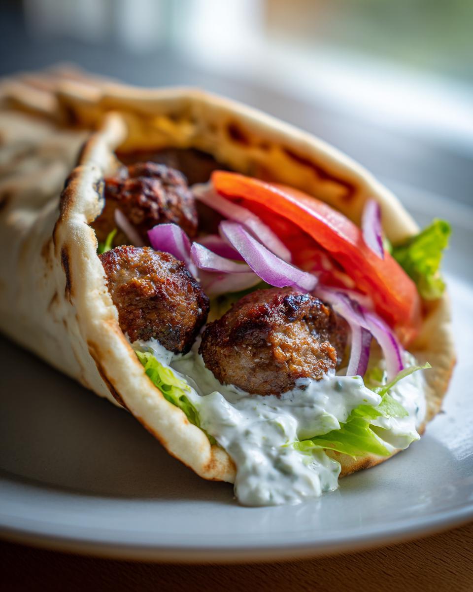 Close-up of a pita bread filled with meatballs, tzatziki sauce, lettuce, tomato, and red onion, representing smoked andouille sausage gyros.