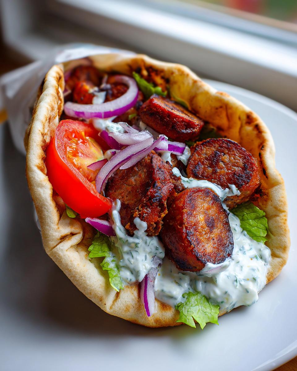 A close-up of a smoked andouille sausage gyros served in a warm pita bread with tzatziki sauce, lettuce, tomato, and red onion.