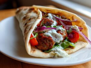 A close-up of a delicious smoked andouille sausage gyros wrapped in a warm pita bread with tzatziki sauce, red onion, and tomato.