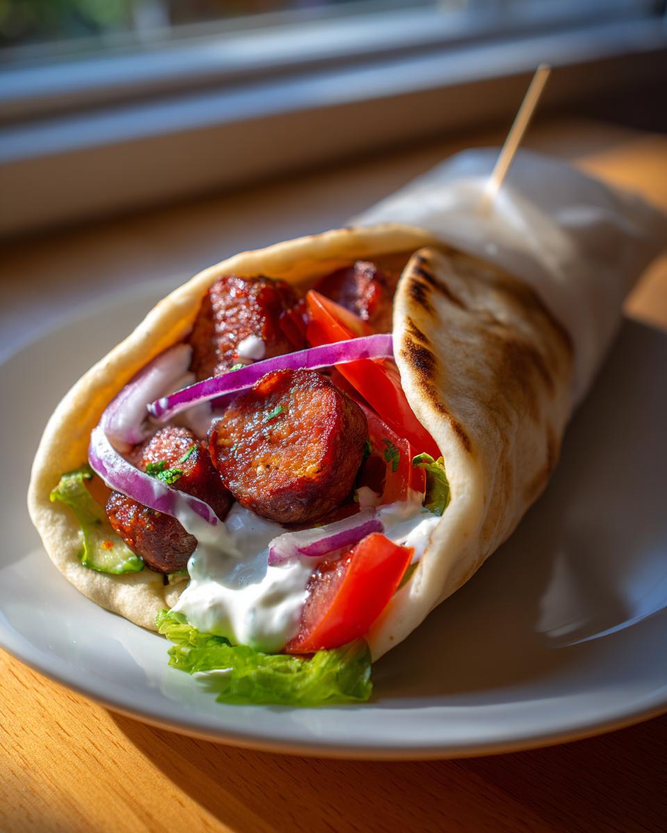 A delicious smoked andouille sausage gyros wrapped in pita bread with tzatziki, red onion, and tomatoes.