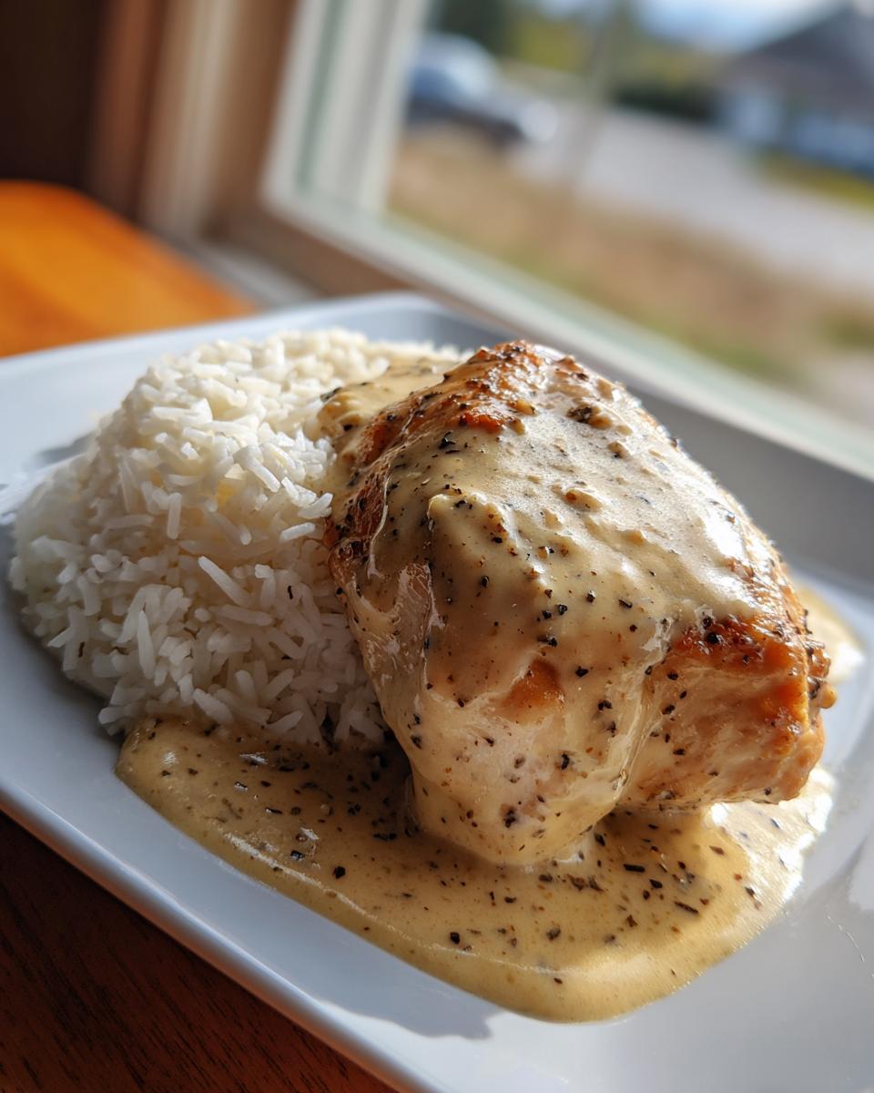 A perfectly cooked piece of smothered chicken and rice covered in a creamy, black pepper-flecked gravy.
