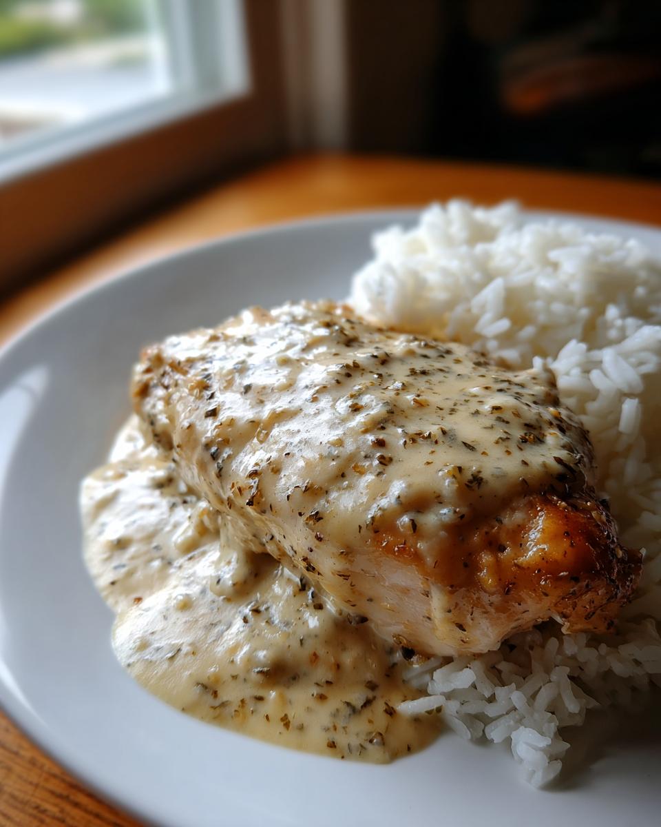 A close-up of seasoned smothered chicken and rice, covered in a creamy herb sauce.