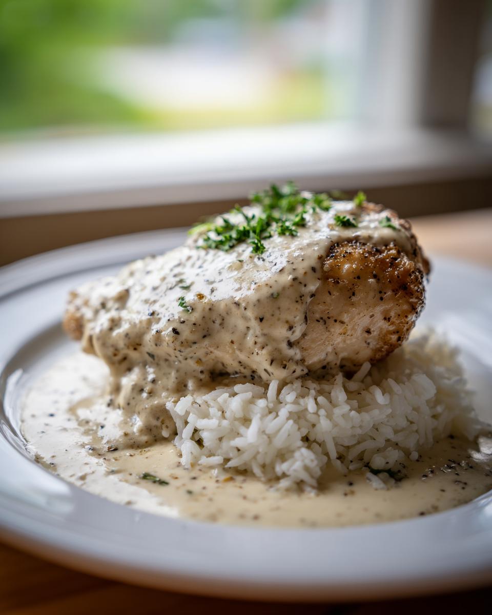 A perfectly cooked piece of smothered chicken and rice topped with a creamy, peppered sauce and fresh parsley.