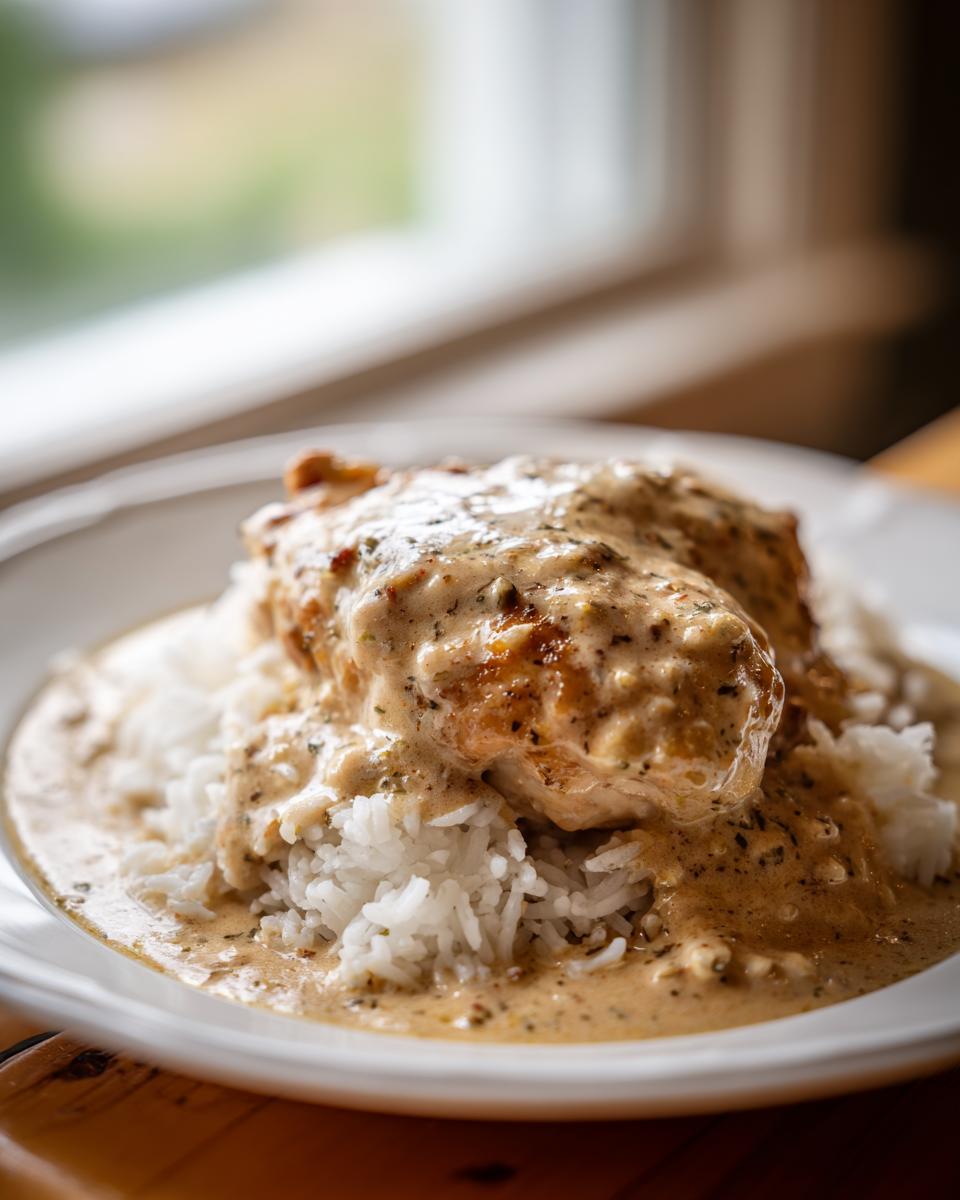 Close-up of perfectly cooked smothered chicken and rice, generously covered in a creamy herb sauce.
