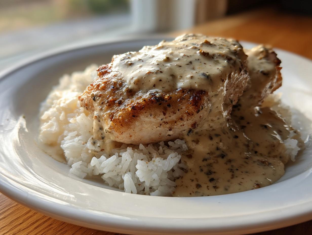 Close-up of perfectly seared smothered chicken and rice, generously covered in a creamy, herb-flecked gravy.