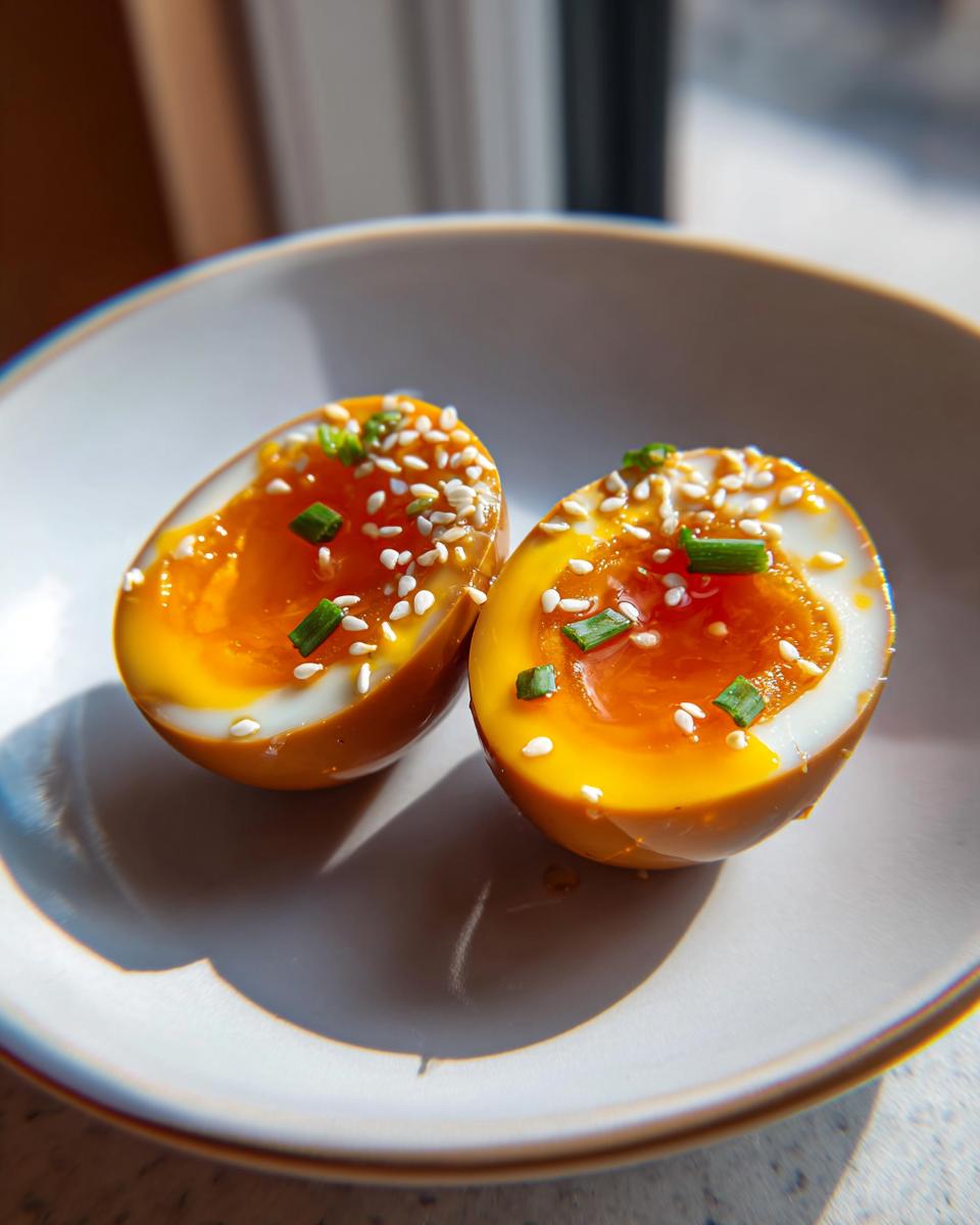 Two halves of soft-boiled marinated eggs with jammy orange yolks, topped with sesame seeds and chives.