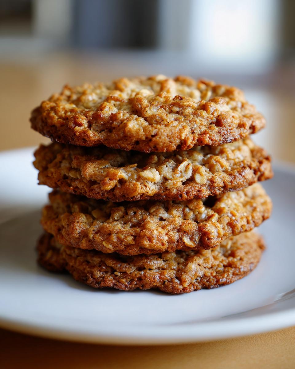 A close-up stack of four golden brown, soft oatmeal cookie resting on a white plate.