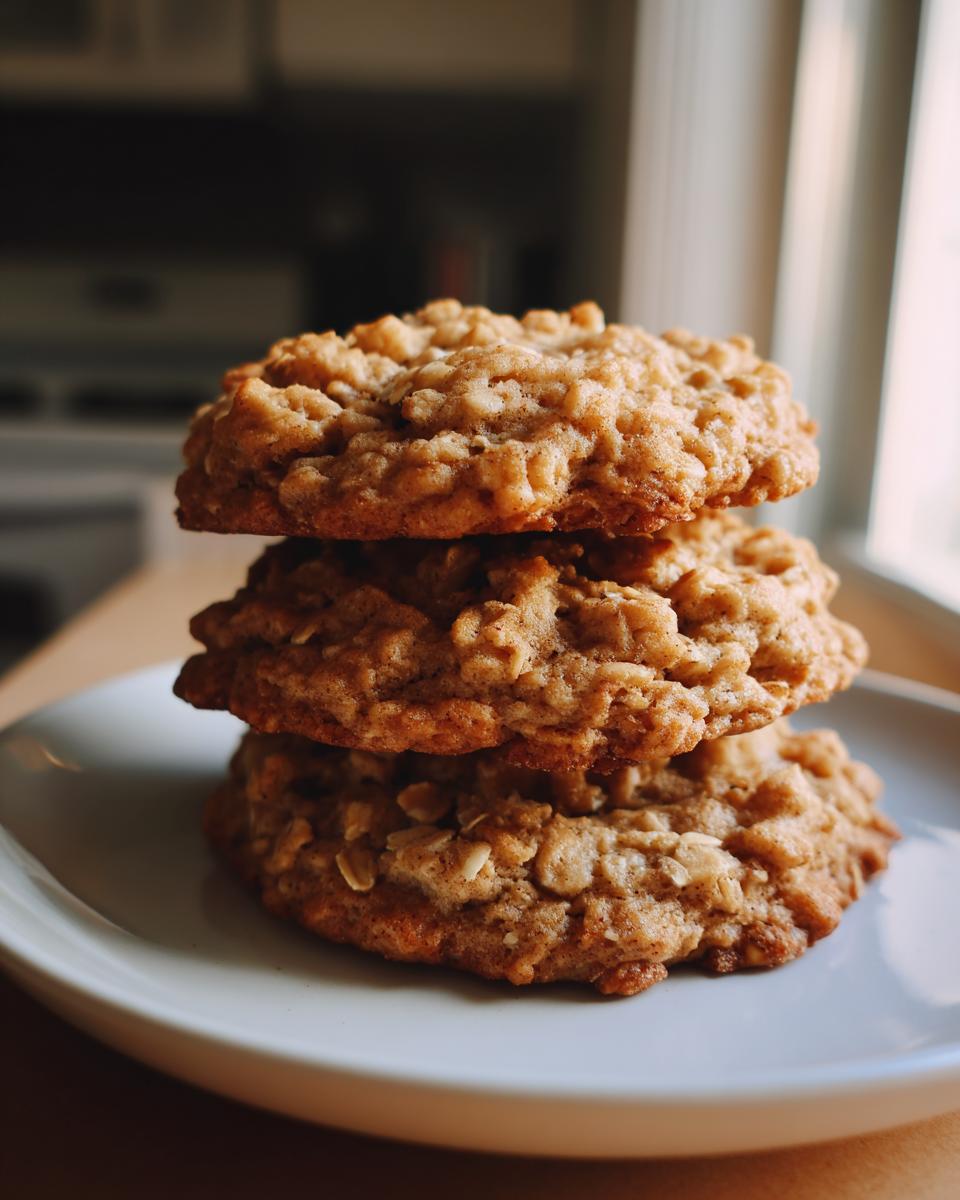 Three soft oatmeal cookie stacked on a white plate, showing texture and golden brown edges.