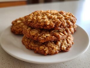 A stack of three golden brown, soft oatmeal cookie treats resting on a small white plate.