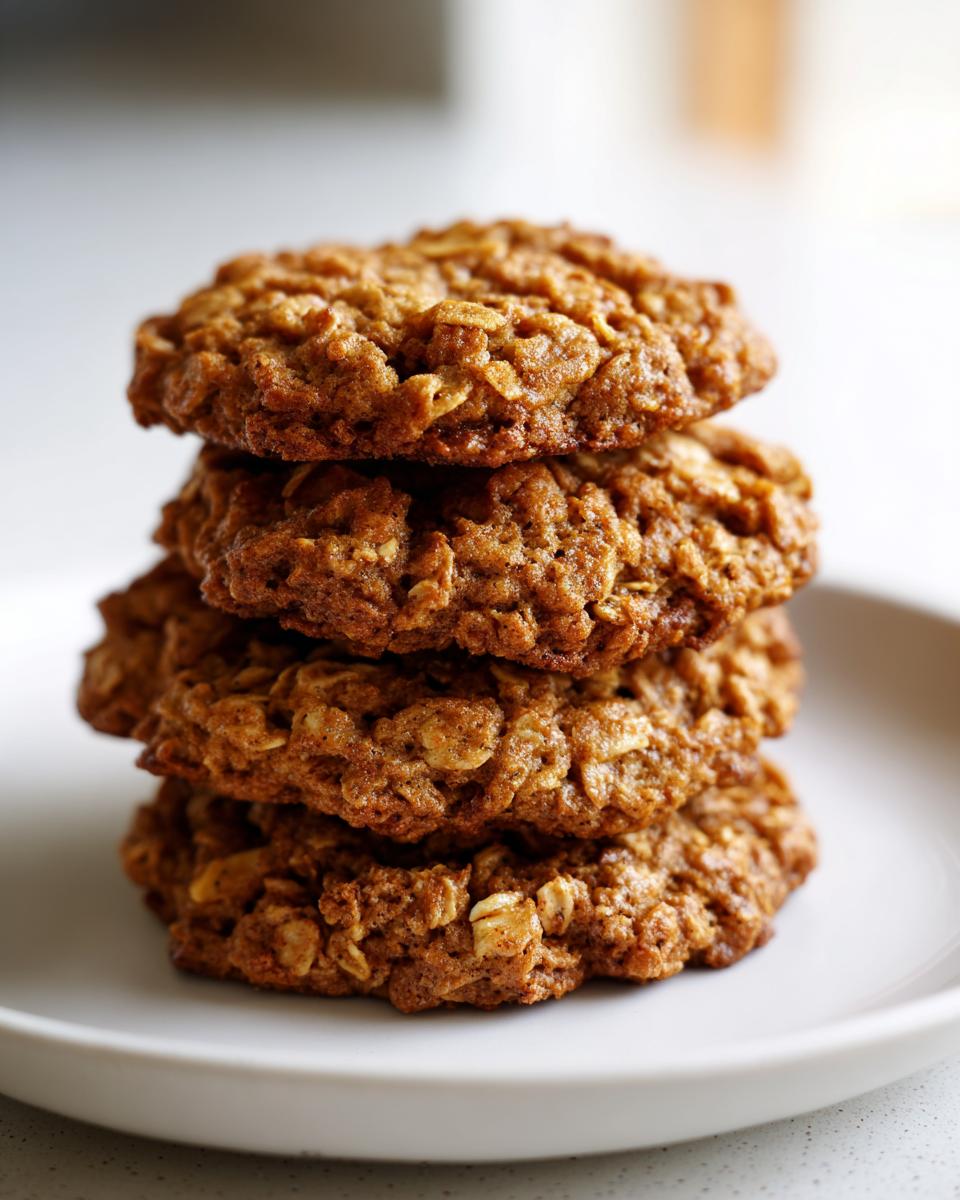 A close-up stack of four soft, chewy oatmeal cookie rounds on a white plate.