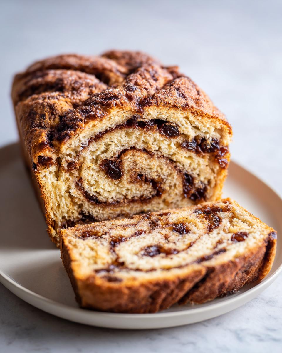 A freshly baked loaf of soft raisin bread, sliced to show the cinnamon swirl and plump raisins inside.