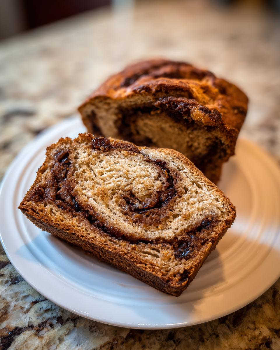 A close-up of a thick slice of soft raisin bread showing a rich cinnamon swirl filling.