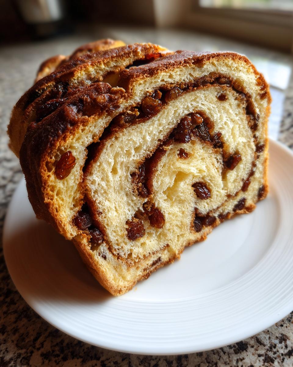 Close-up of a thick slice of soft raisin bread showing a rich cinnamon swirl and plump raisins.