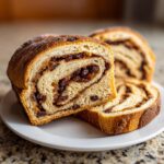 Close-up of thick slices of soft raisin bread showing the swirl of cinnamon and plump raisins inside.