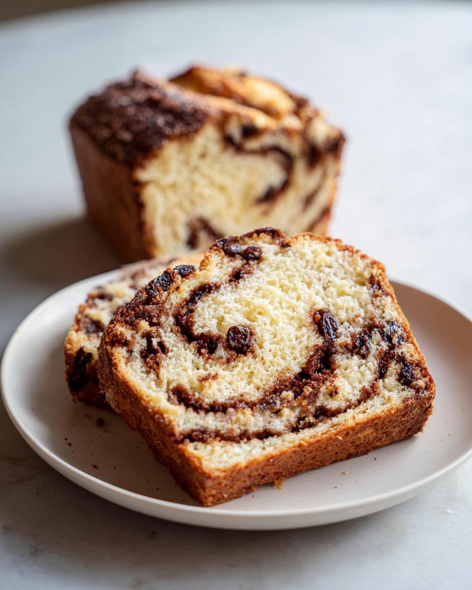 Two thick slices of soft raisin bread showing a beautiful cinnamon swirl and raisins, served on a white plate.