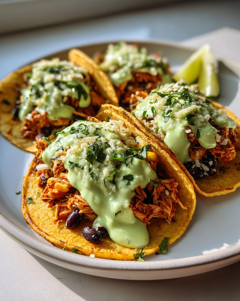 Four delicious southwest chicken tacos filled with shredded chicken, black beans, topped with a bright green creamy sauce and cheese.