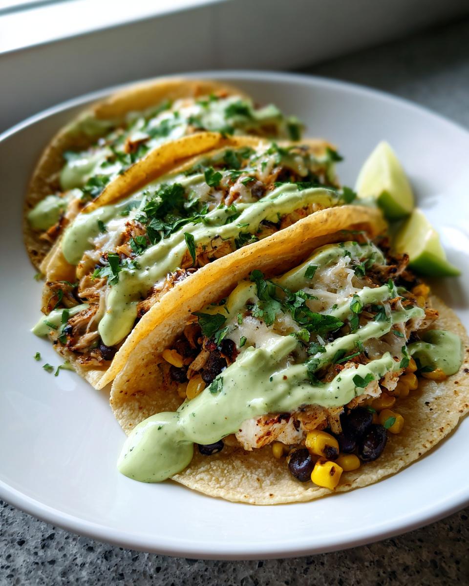 Three delicious southwest chicken tacos filled with chicken, corn, and black beans, topped with melted cheese, cilantro, and a bright green avocado crema.