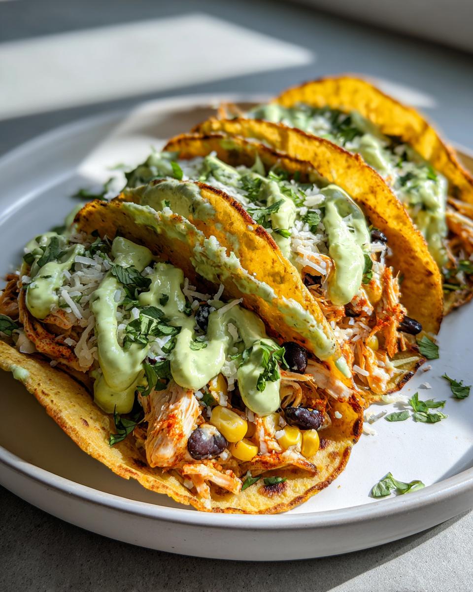 Close-up of three crispy Southwest chicken tacos filled with shredded chicken, corn, black beans, and topped with white cheese and a creamy green sauce.