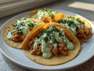 Three freshly made southwest chicken tacos filled with shredded chicken, cheese, and topped with creamy green sauce and cilantro.