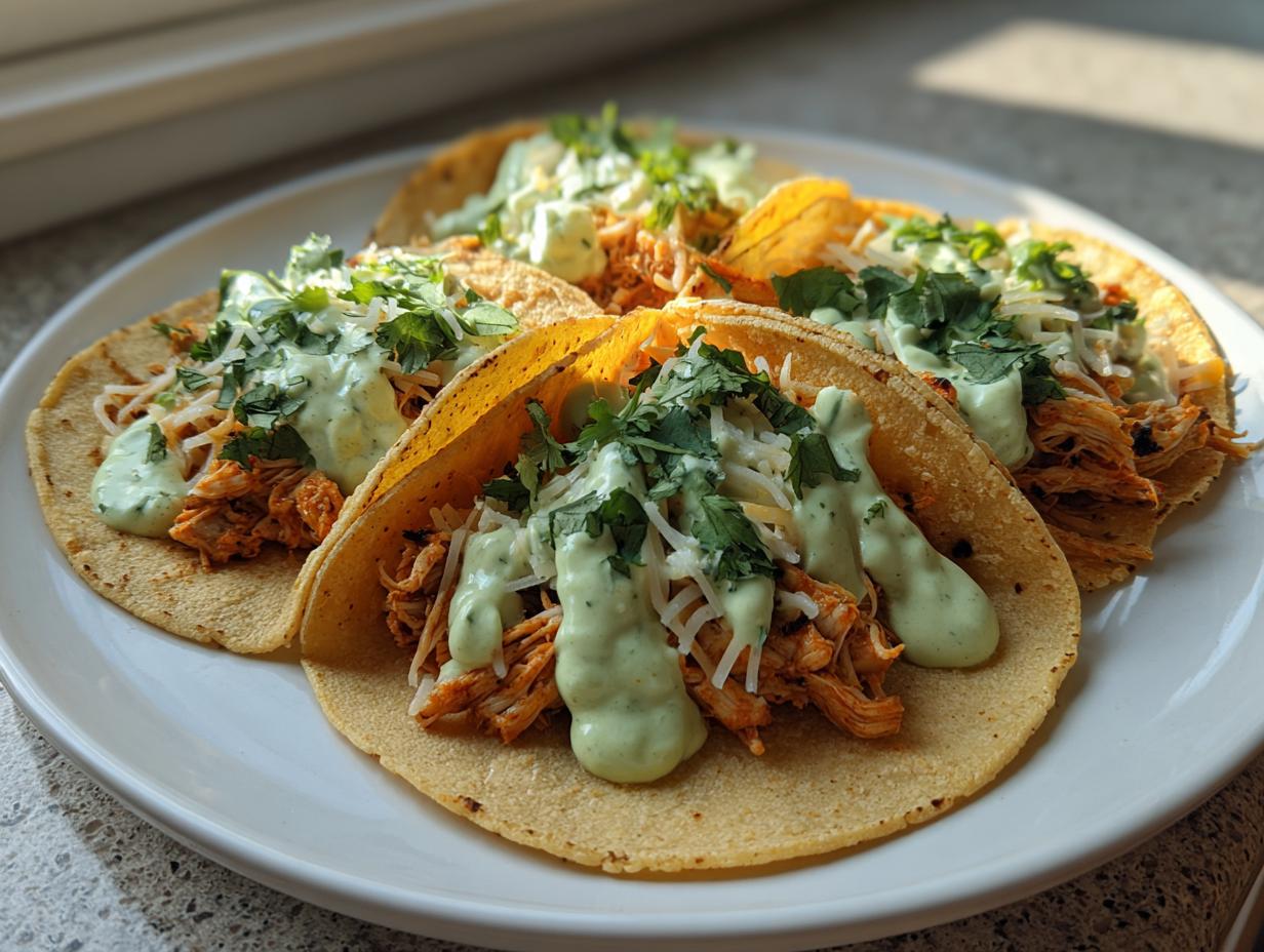 Three freshly made southwest chicken tacos filled with shredded chicken, cheese, and topped with creamy green sauce and cilantro.