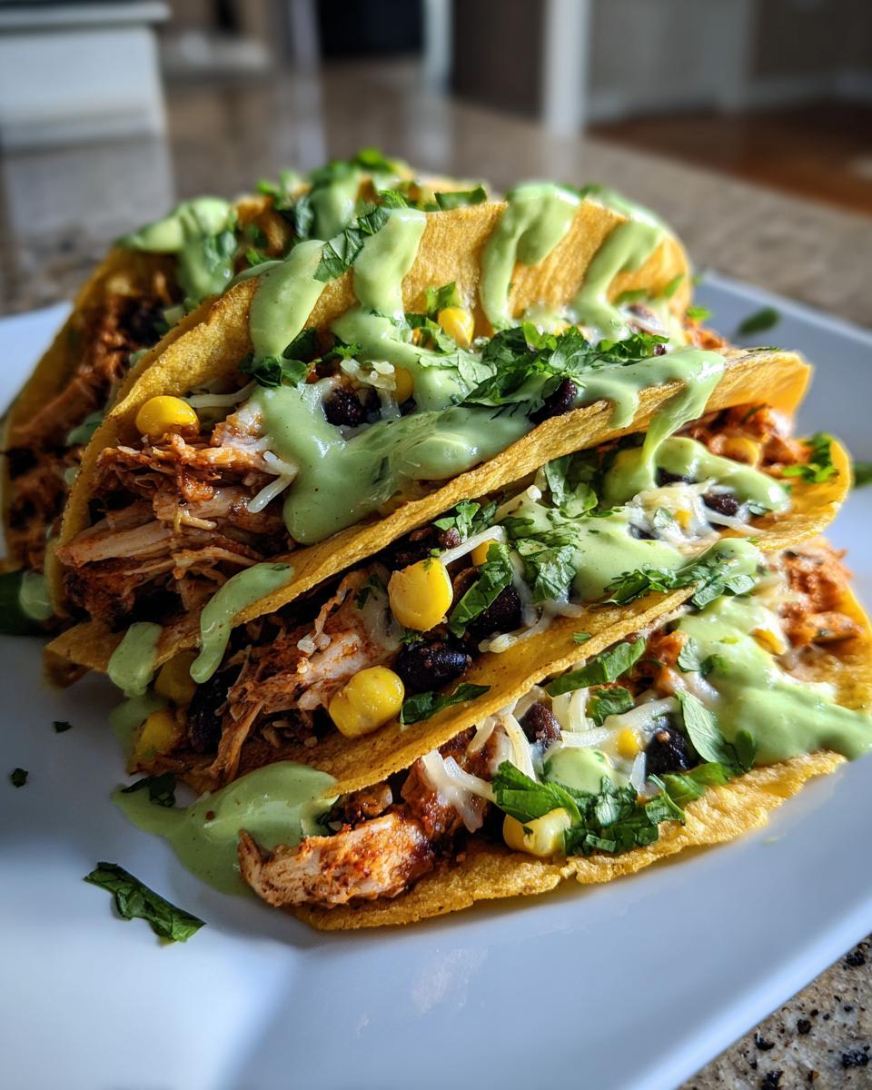 A stack of three crispy Southwest chicken tacos filled with shredded chicken, corn, black beans, cheese, and topped with a vibrant green sauce.
