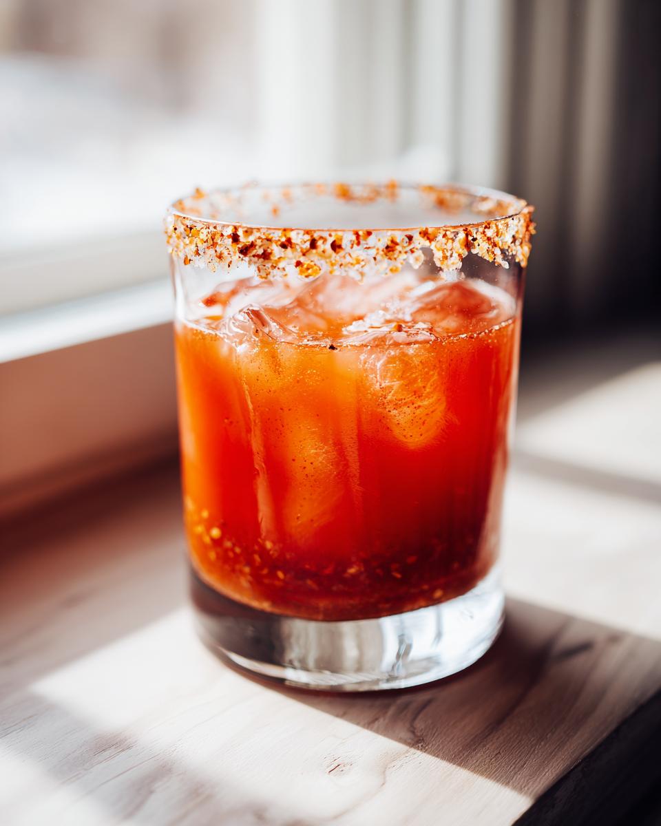 Close-up of a vibrant red Devils Margarita cocktail with ice and a chili-salt rim, sitting on a wooden surface.