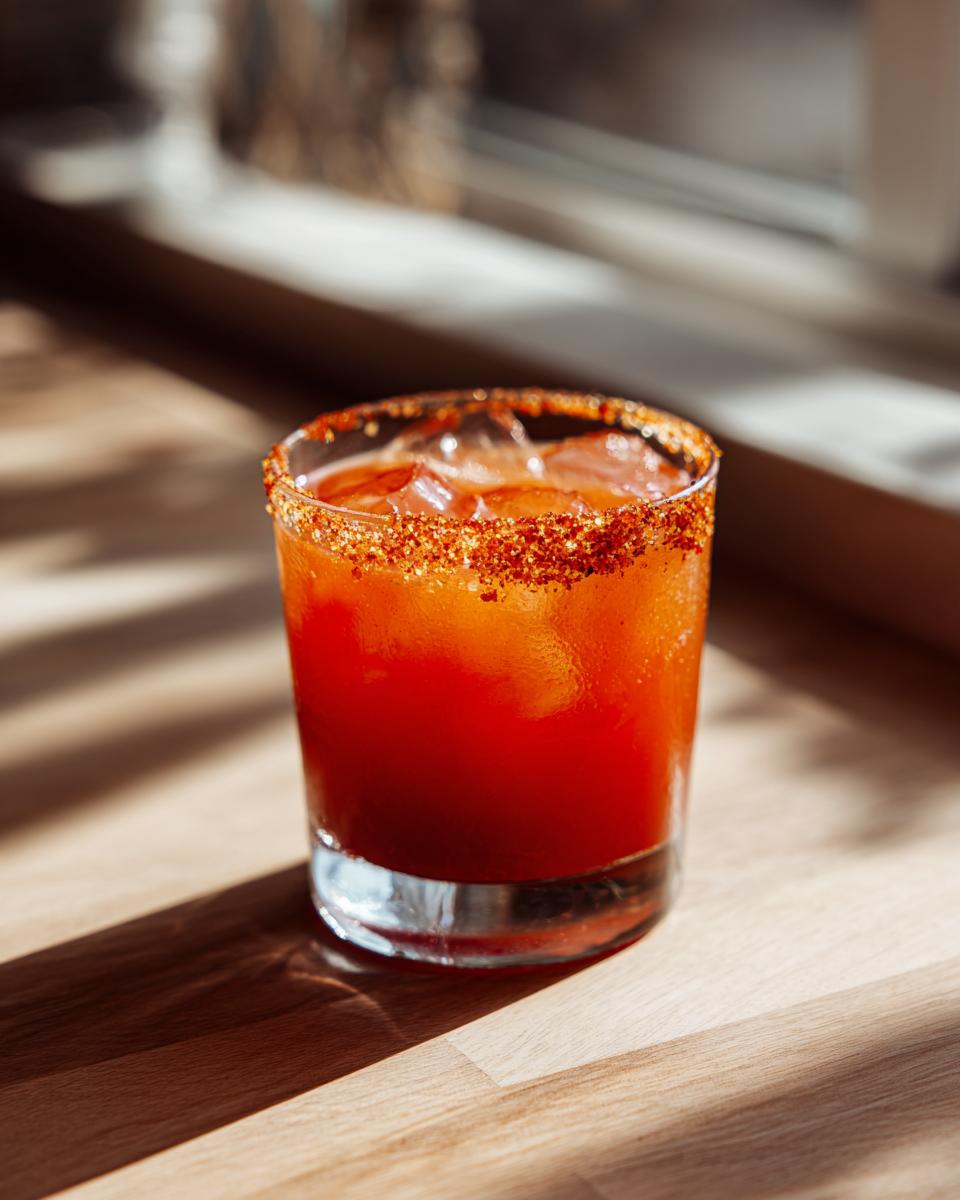 A vibrant red Devils Margarita cocktail served over ice with a thick chili salt rim, sitting on a wooden surface in bright sunlight.
