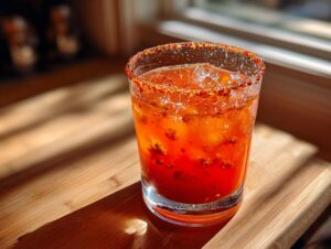 A vibrant, orange-red Devils Margarita cocktail in a rocks glass with a heavy chili salt rim, sitting on a wooden surface.