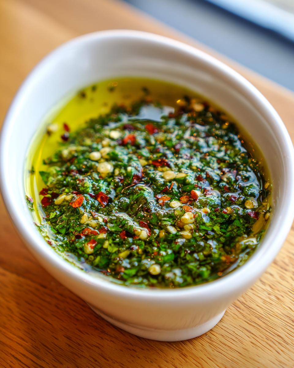 Close-up of a white bowl filled with vibrant green olive oil bread dip, featuring herbs, garlic, and red pepper flakes.