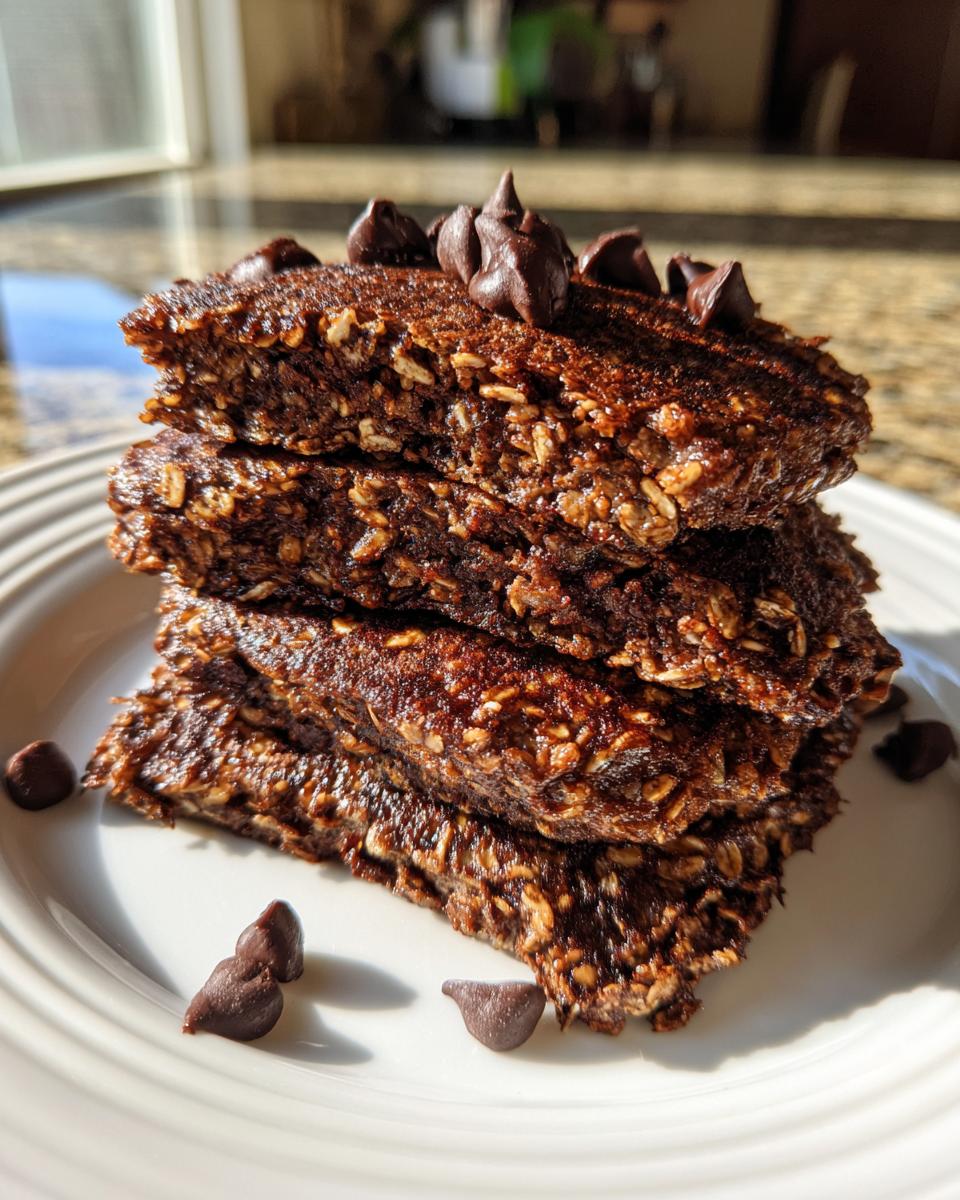 A stack of four thick, dark chocolate oat pancakes topped with chocolate chips on a white plate.