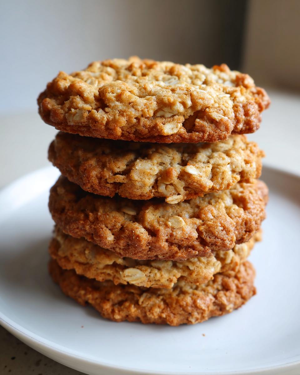 A close-up stack of four soft oatmeal cookie rounds resting on a white plate.