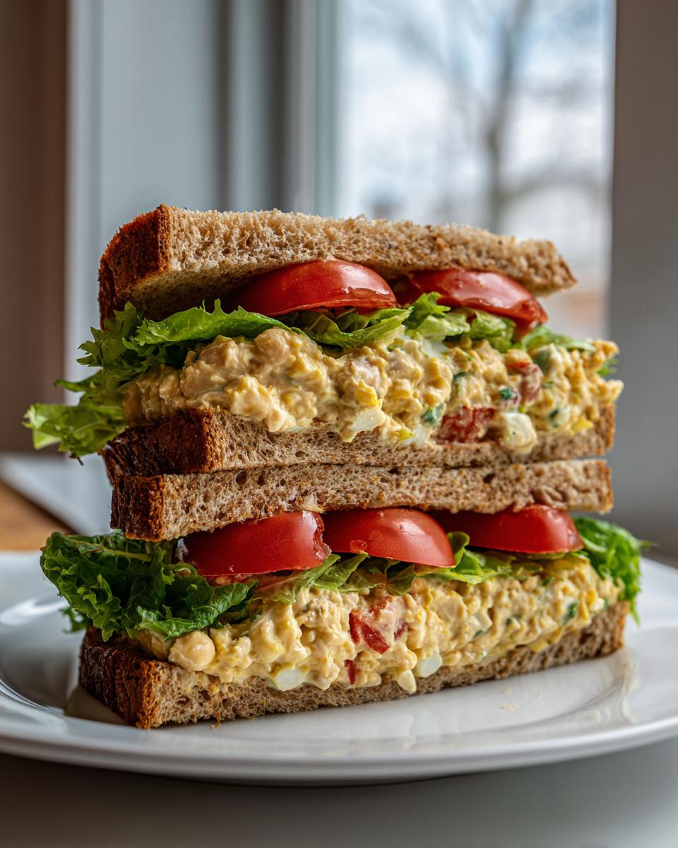 A tall, stacked chickpea salad sandwich on whole wheat bread with lettuce and tomato slices.