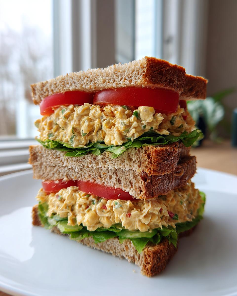 A tall, stacked chickpea salad sandwich featuring mashed chickpeas, lettuce, and thick tomato slices on whole wheat bread.