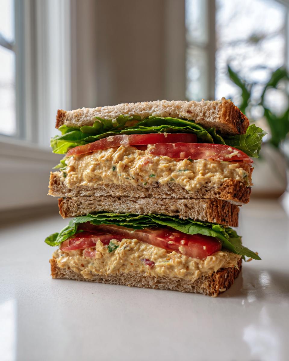 A tall, stacked chickpea salad sandwich cut in half, showing creamy filling, tomato, and lettuce on whole wheat bread.