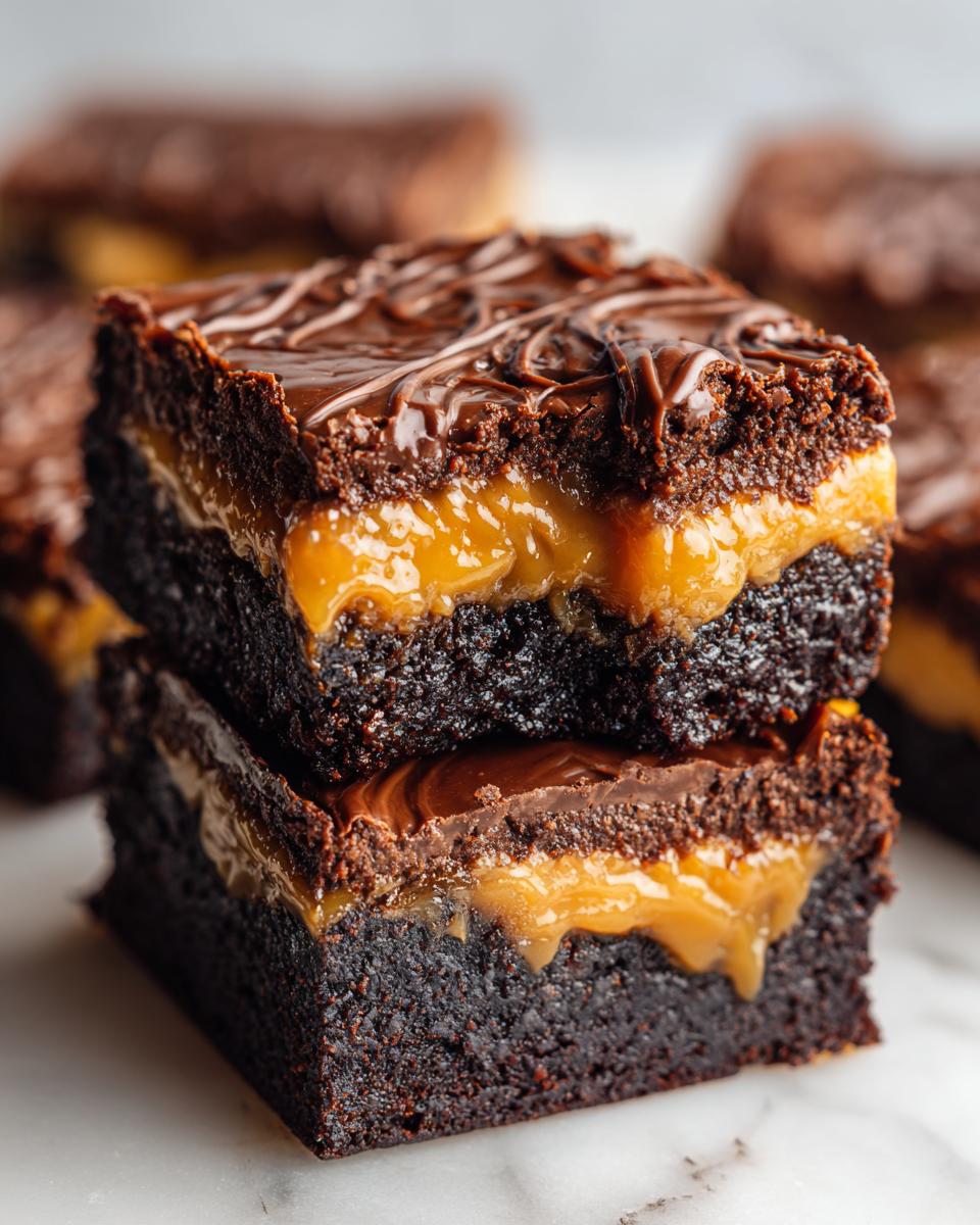 Two stacked, decadent millionaire brownies showing the dark chocolate base, gooey caramel layer, and chocolate topping.