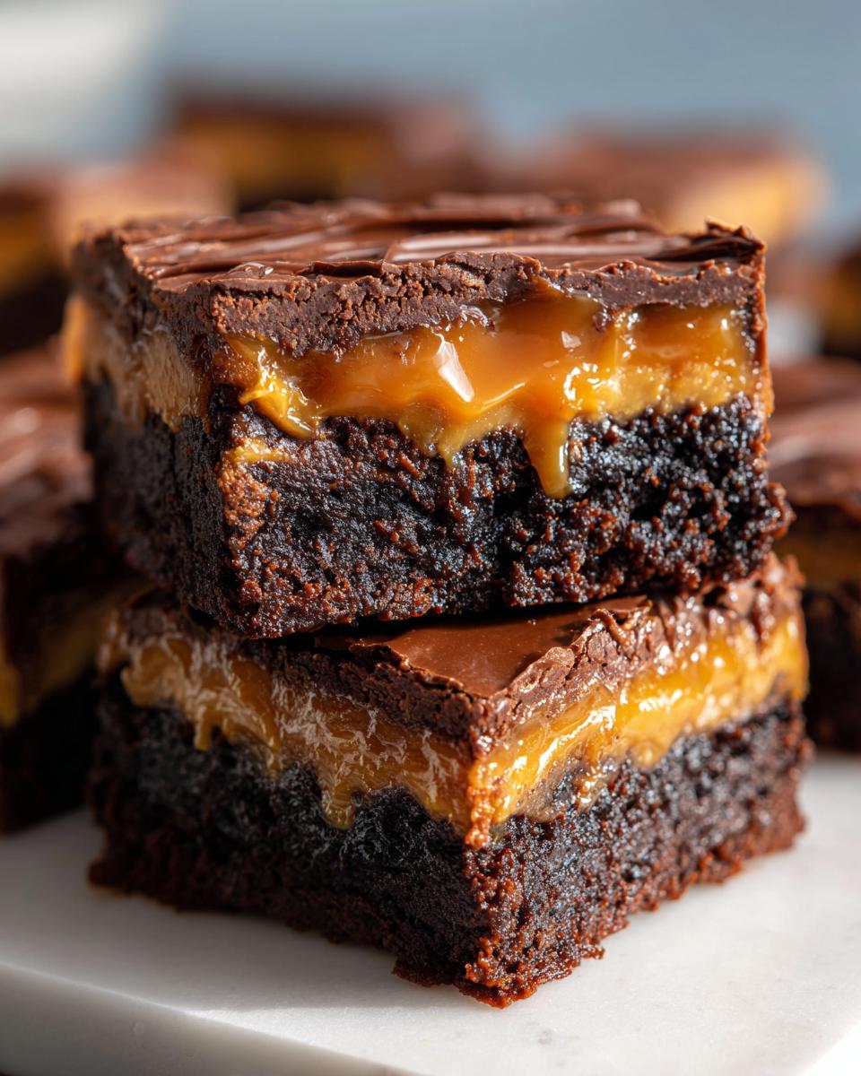 Two stacked millionaire brownies showing a rich chocolate base, a thick layer of gooey caramel, and a chocolate topping.